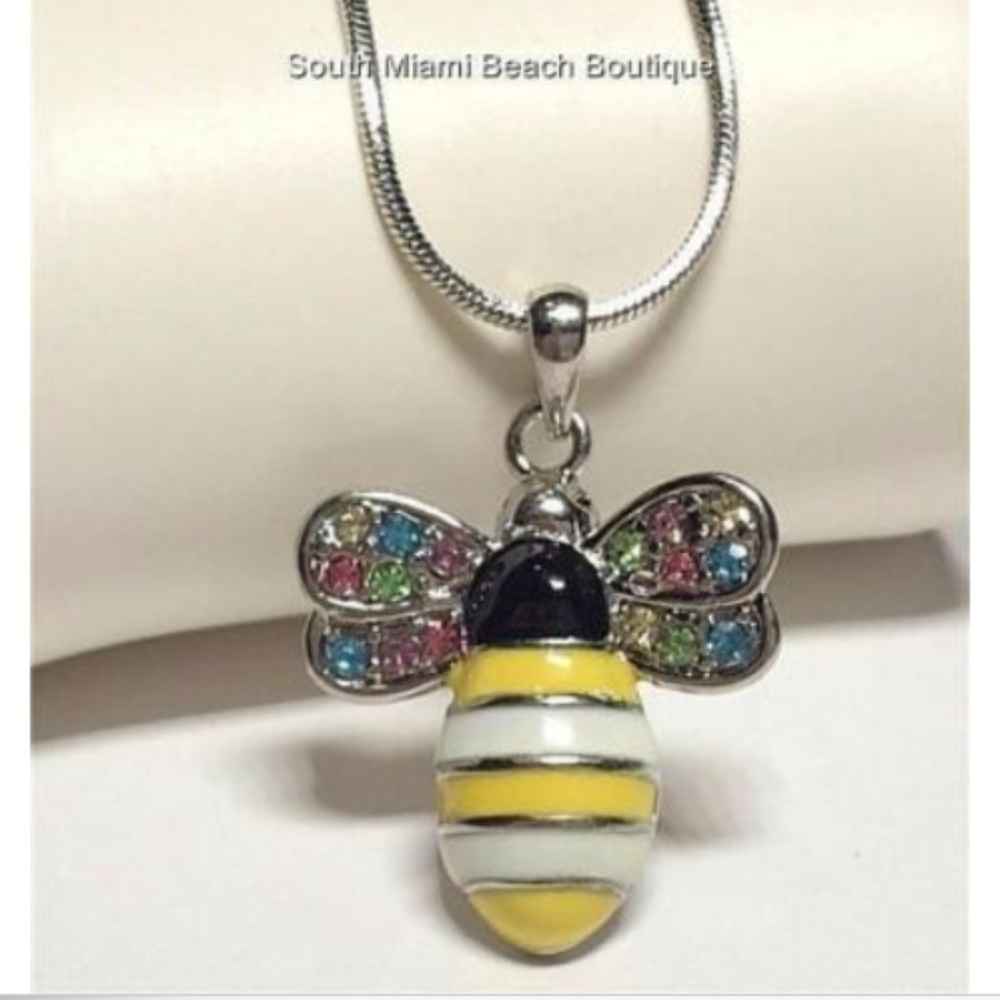 Silver Tone Crystal Bumble Bee Necklace Multicolor Crystals 18" Insect Jewelry